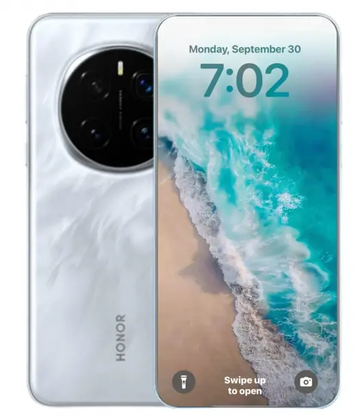 Honor Magic 7 Pro smartphone displaying a beach wallpaper and time on the screen.