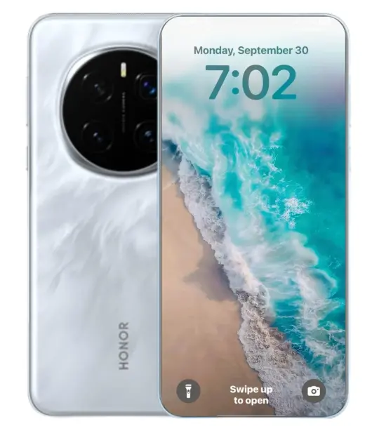 Honor Magic 7 Pro smartphone displaying a beach wallpaper and time on the screen.