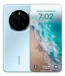 Honor Magic 7 Pro smartphone with a beach wallpaper on the screen