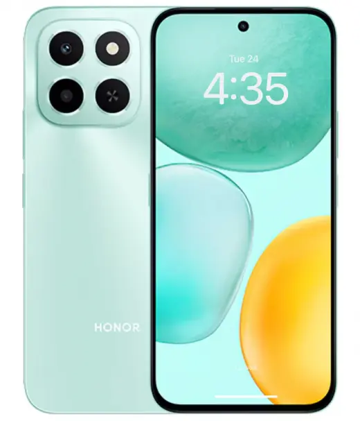 Honor X6C smartphone in mint green color with a vibrant display and four rear cameras.