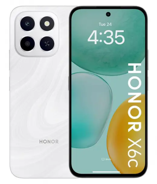 Honor X6c smartphone with a white back and colorful display showing time and logo