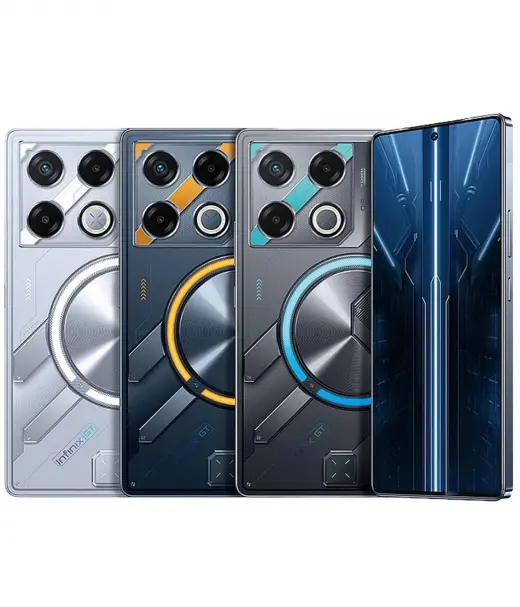 Infinix GT 20 Pro smartphones in silver, blue, and black with unique camera designs and vibrant colors.