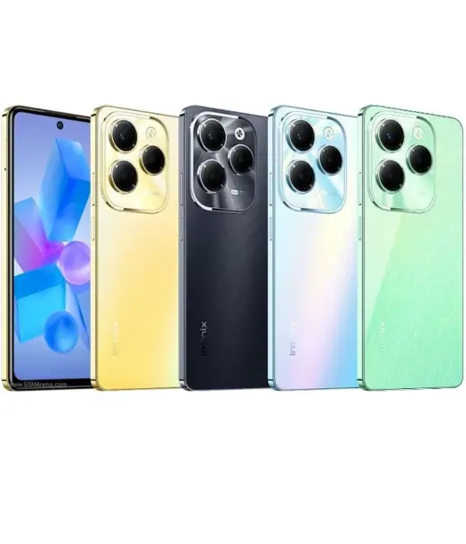 Infinix Hot 40 smartphone in four color variants: yellow, black, blue, and green.