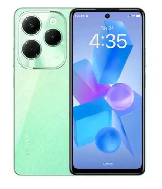 Infinix Hot 40 Pro smartphone in mint green with triple camera setup and vibrant display.