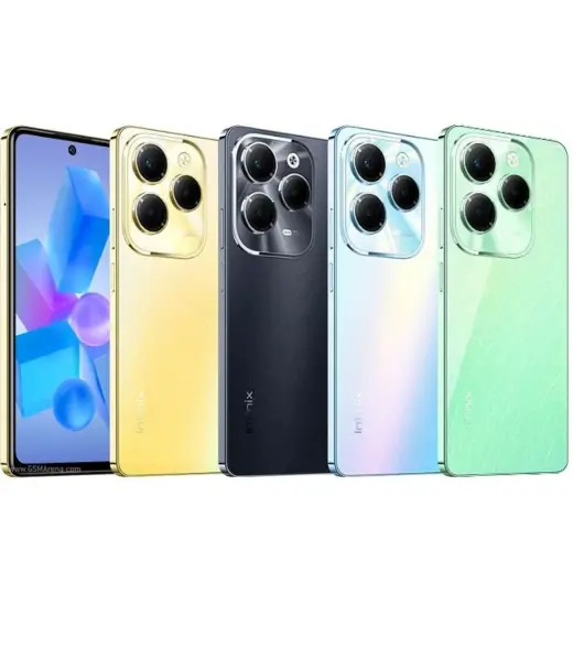 Infinix Hot 40 Pro smartphone in four color variants: gold, black, blue, and green.