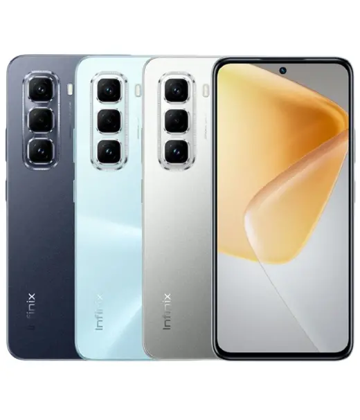 Infinix Hot 50 Pro smartphones in blue, silver, and light blue colors with triple camera setup