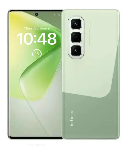 Infinix Hot 50 Pro Plus smartphone with a green design and triple camera setup.