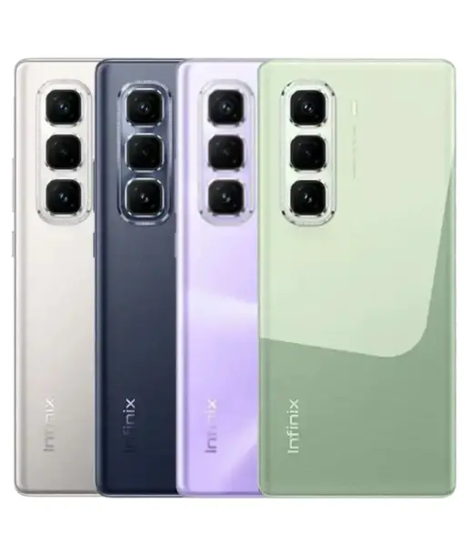 Infinix Hot 50 Pro Plus smartphones in four colors: silver, navy, purple, and green.