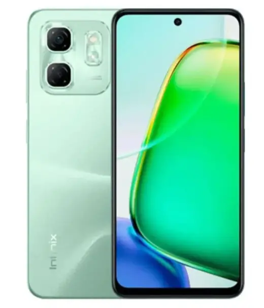 Infinix Hot 50i smartphone in mint green color showcasing dual rear cameras and vibrant display