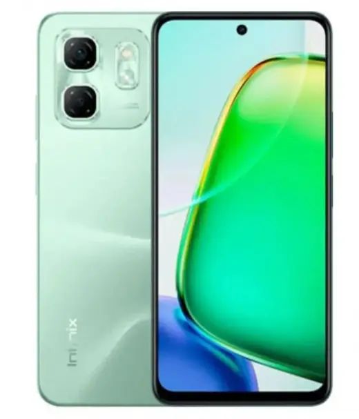 Infinix Hot 50i smartphone in mint green color showcasing dual rear cameras and vibrant display