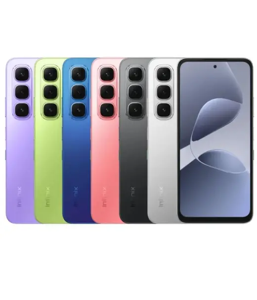 Infinix Hot 60i smartphones in various colors lined up, showcasing design and features.