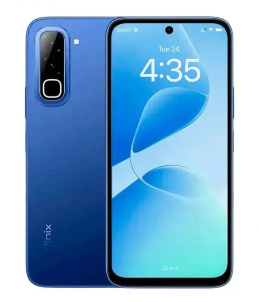 Infinix Hot 70 smartphone in blue color with display showing time and date