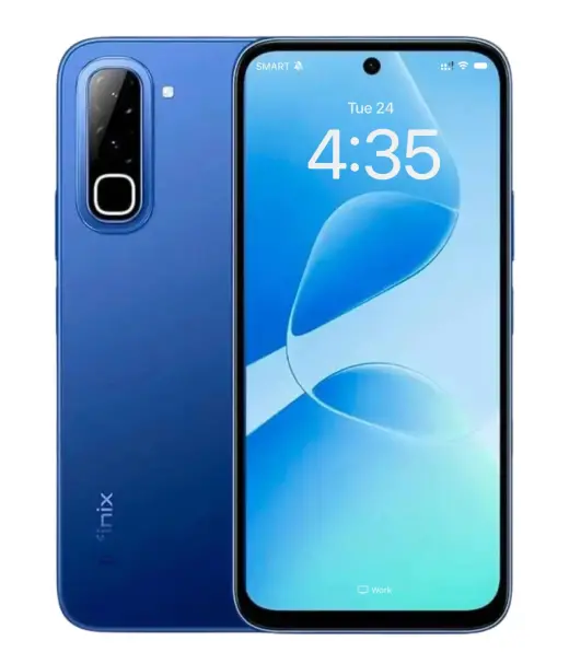 Infinix Hot 70 smartphone in blue color with display showing time and date