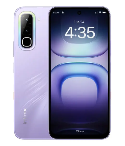 Infinix Hot 70 smartphone in purple color with a vibrant display and dual camera setup.