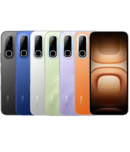 Infinix Hot 70 smartphone in multiple colors including black, blue, silver, green, purple, and orange.