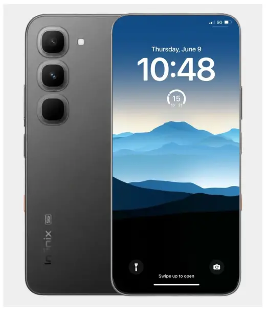 Infinix Hot 70 Pro smartphone displaying a mountain landscape wallpaper and time.