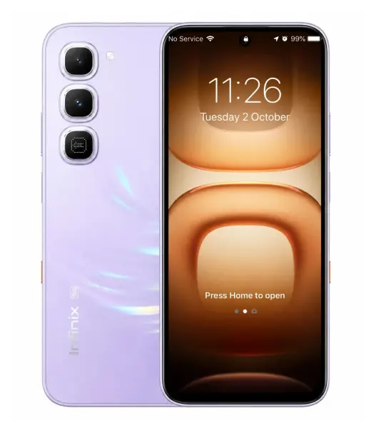 Infinix Hot 70 Pro smartphone with purple back and vibrant display showing time and date.