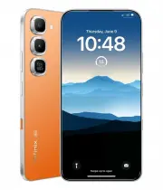 Infinix Hot 70 Pro smartphone in orange with a scenic lock screen display