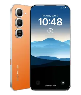 Infinix Hot 70 Pro smartphone in orange with a scenic lock screen display