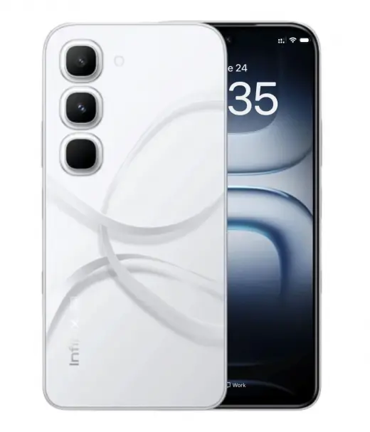 Infinix Hot 70 Pro smartphone showcasing a sleek white design and triple camera setup.