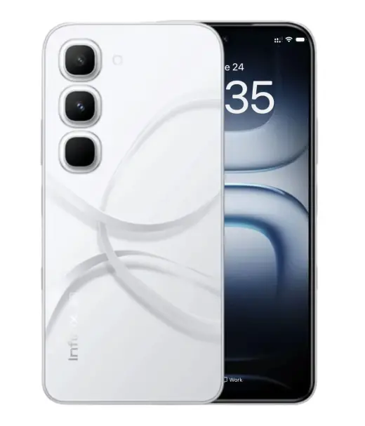 Infinix Hot 70 Pro smartphone showcasing a sleek white design and triple camera setup.
