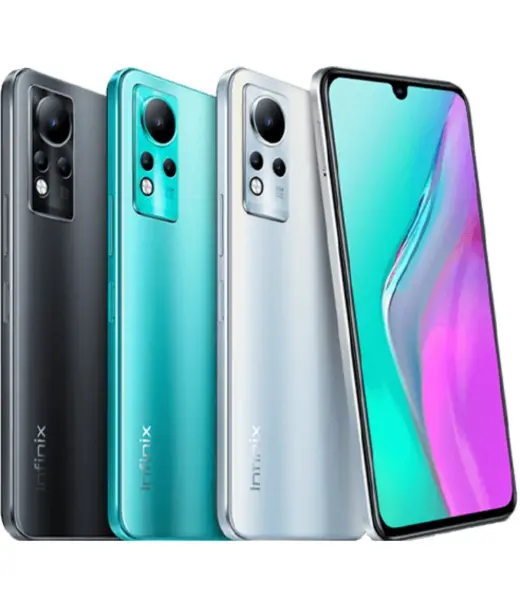 Infinix Note 11 smartphones in black, teal, and silver colors with modern design