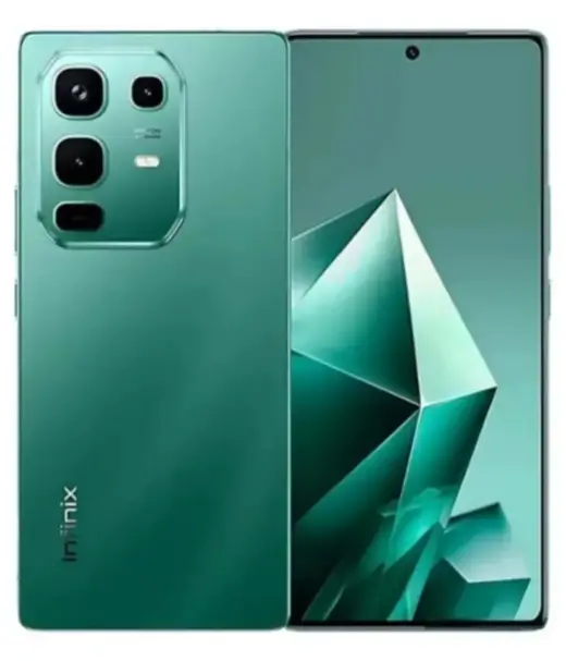 Infinix Note 50 Pro smartphone in green color showcasing its sleek design and camera features.