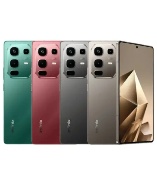 Infinix Note 50 Pro smartphones in green, pink, gray, and gold colors