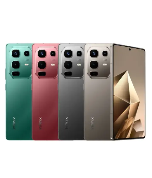 Infinix Note 50 smartphone in green, red, gray, and gold colors with a sleek design.