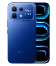 Infinix Note 60 Pro smartphone in blue color showcasing dual cameras and LED display.