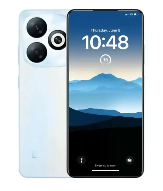 Infinix Smart 8 Pro smartphone with dual rear cameras and mountain-themed lock screen