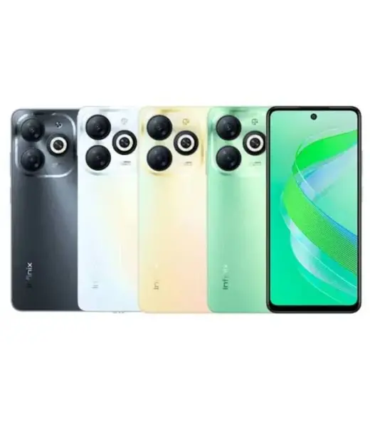 Infinix Smart 8 Pro smartphone in four color variants: black, white, gold, and green.