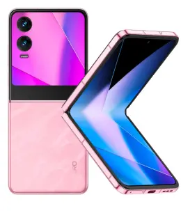Infinix Zero Flip smartphone in pink color, showcasing its foldable design and dual camera setup.