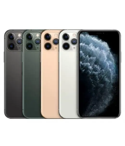 iPhone 11 Pro Max in four colors: space gray, midnight green, gold, and silver.