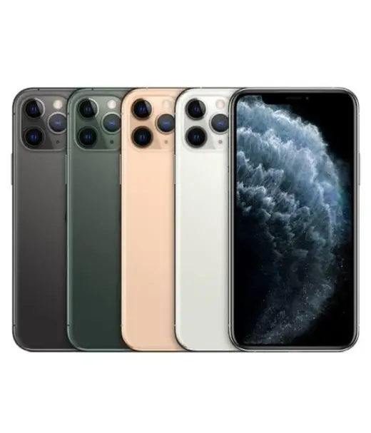 iPhone 11 Pro Max in four colors: space gray, midnight green, gold, and silver.