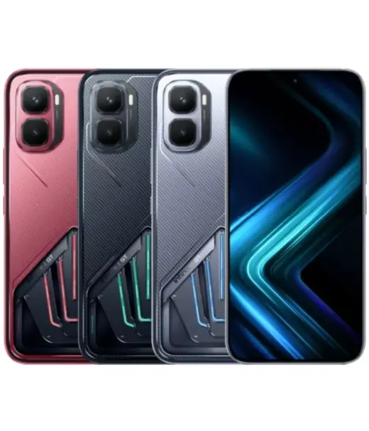 Three smartphones in red, black, and gray with dual cameras and sleek design.
