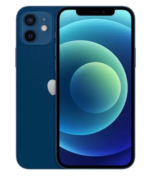 iPhone 12 in blue color showcasing its dual-camera and vibrant display