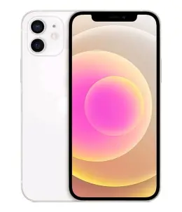 iPhone 12 in white color displaying a colorful abstract wallpaper
