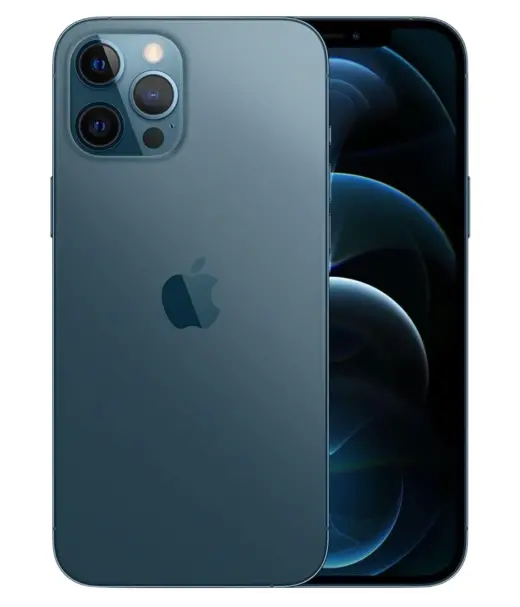 iPhone 12 Pro Max in Pacific Blue showing rear and front display