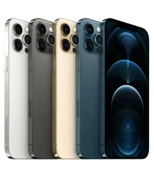 iPhone 12 Pro Max in silver, graphite, gold, and blue colors displayed side by side