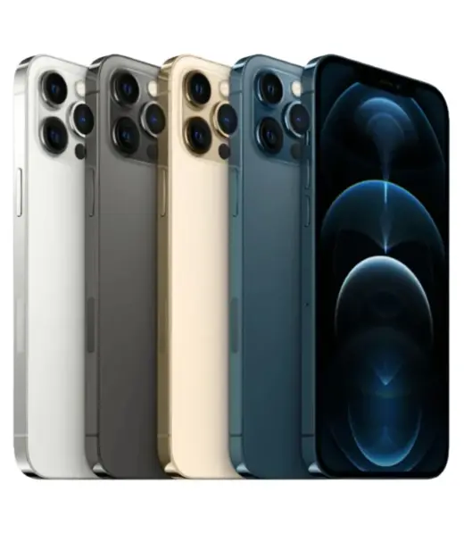 iPhone 12 Pro Max in silver, graphite, gold, and blue colors displayed side by side
