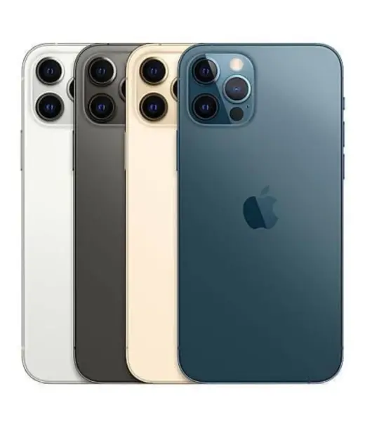Four iPhone 12 models in different colors: white, black, gold, and blue.