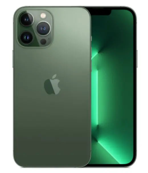 iPhone 13 Pro Max in green color showcasing its back and front display