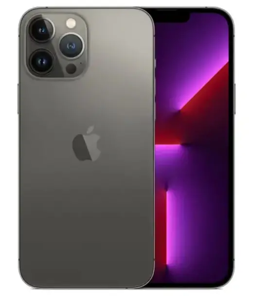 iPhone 13 Pro Max in graphite color showcasing its camera and screen design