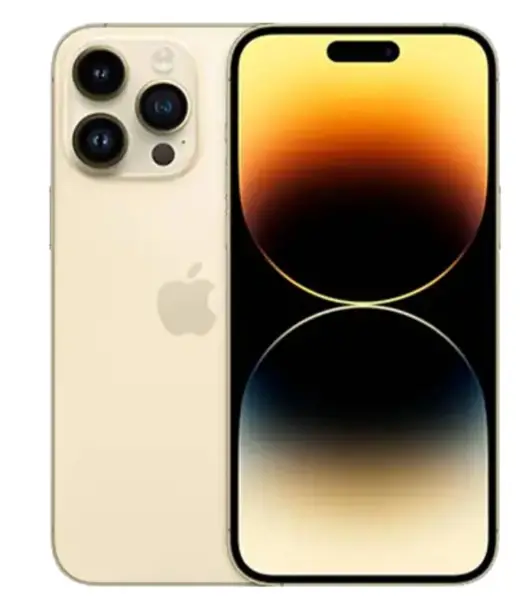 iPhone 14 Pro Max in gold color showcasing its dual camera and display