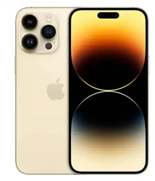 iPhone 14 Pro Max in gold color showcasing its dual camera and display