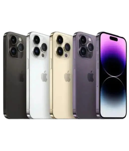 iPhone 14 Pro Max in four colors: black, white, gold, and purple