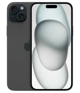 iPhone 15 in black with a sleek design and abstract wallpaper on the screen