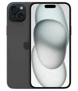 iPhone 15 in black with a sleek design and abstract wallpaper on the screen