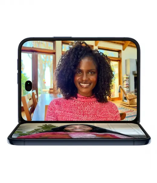 iPhone 18 Duo showcasing a video call with a smiling woman in a cozy interior setting